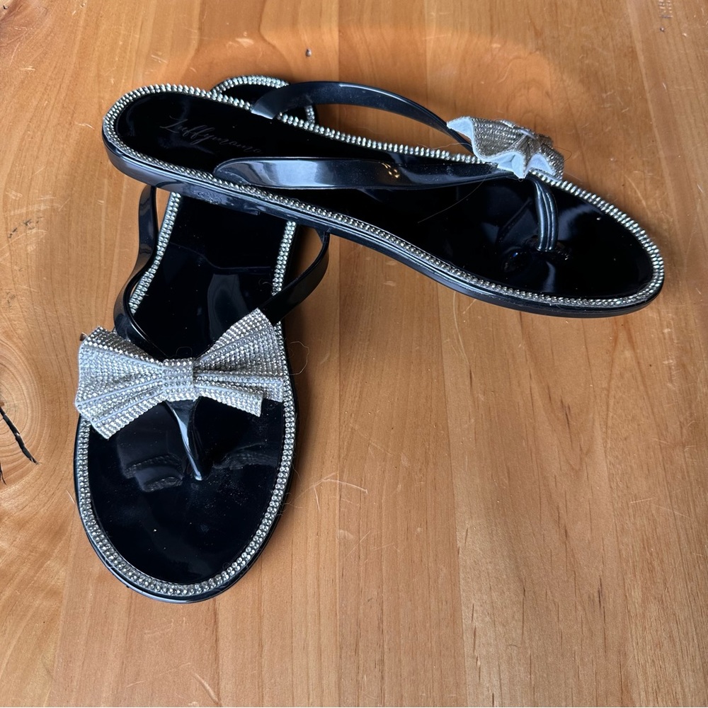 Luffymomo Black Sandals with Silver Bow Rhinestone Elegant Jelly Flip Flops 11